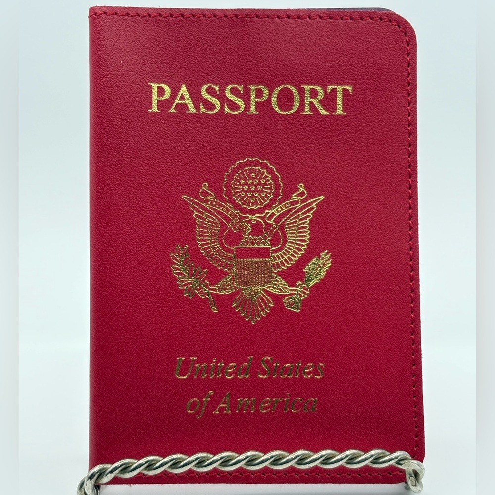 Baekgaard Leather Passport Cover Holder Light Red/ Purple w/ Gold Letters